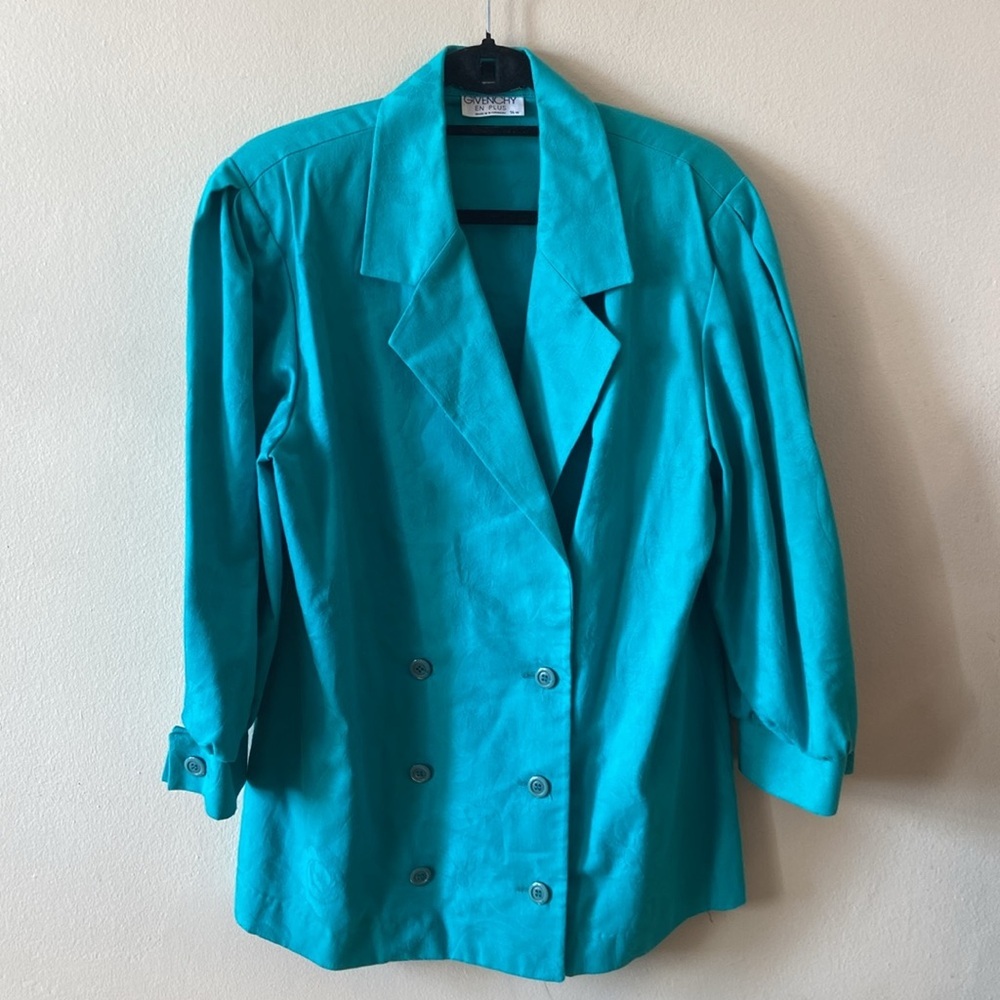 Vintage Givenchy En Plus Designer Blue Green Floral Blazer Plus 14W 80's 90s